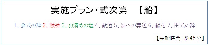 実施プラン・式次第【船】　1、会式の辞　2、黙祷　3、お清めの塩　4、献酒　5、海への葬送　7、閉式の辞　【乗船時間　約45分】